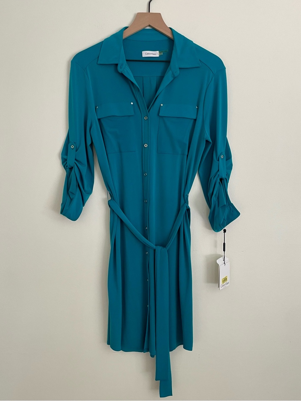 Calvin Klein Teal Roll-Sleeve Shirt Dress